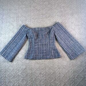 Zara Blue White Size Small Tweed Off The Shoulder Bell Sleeve Top NWT